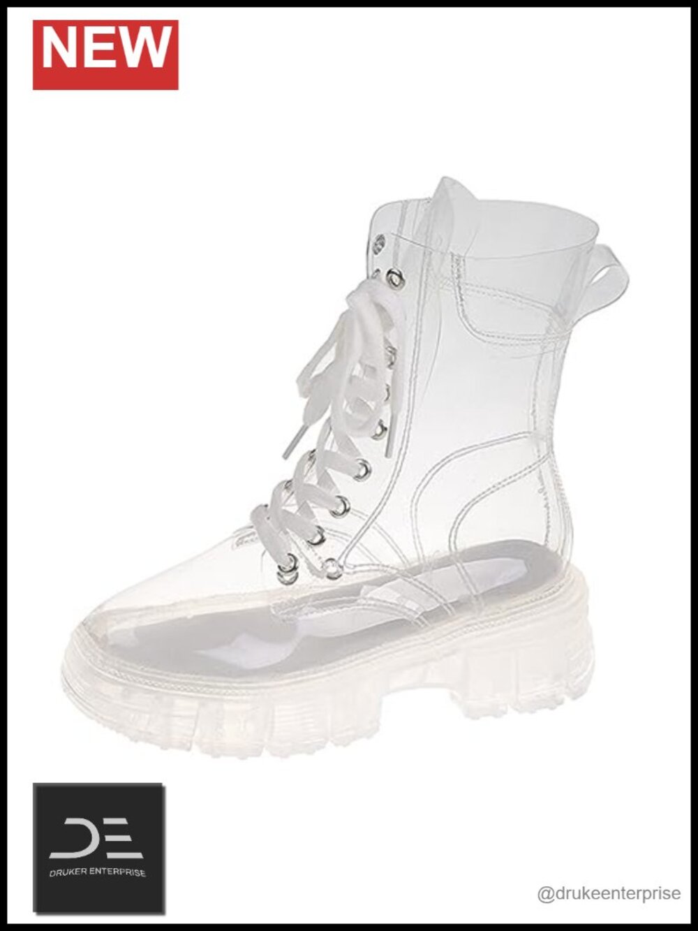 Women's Transparent Lace Up Platform Combat Ankle Boots Waterproof Clear Booties